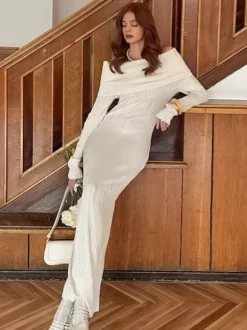 Robe longue plissée à épaules dénudées pour femme - Élégante robe moulante texturée crème - Manches longues - Tenue de soirée 2026