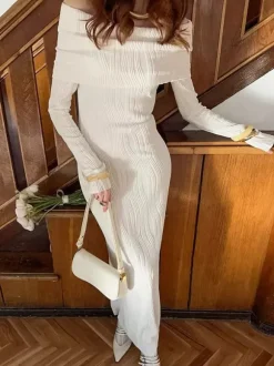 Robe longue plissée à épaules dénudées pour femme - Élégante robe moulante texturée crème - Manches longues - Tenue de soirée 2026
