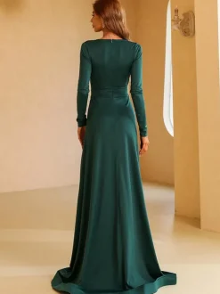 Robe longue plongeante manches longues fentes latérales robes de bal plissées