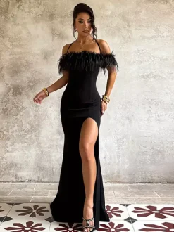 Robe longue à plumes pour femme - Robe moulante noire élégante à col halter et fente haute - Soirée d'été 2026