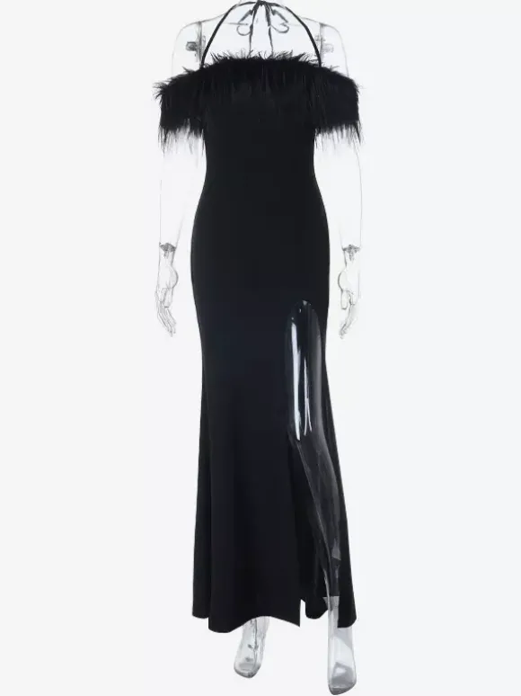Robe longue à plumes pour femme - Robe moulante noire élégante à col halter et fente haute - Soirée d'été 2026