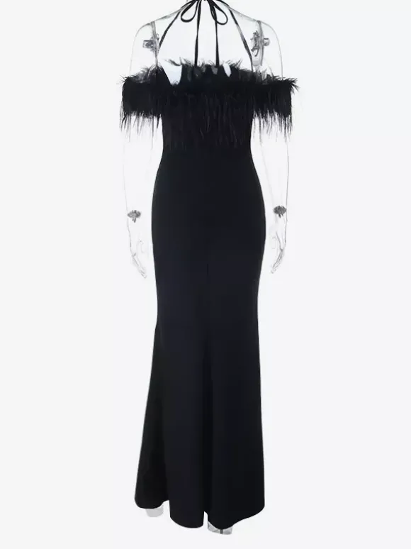 Robe longue à plumes pour femme - Robe moulante noire élégante à col halter et fente haute - Soirée d'été 2026