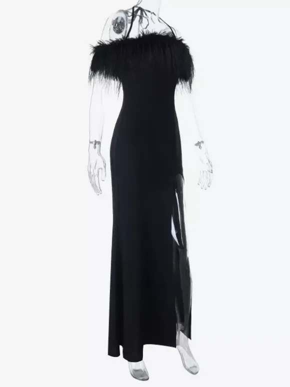 Robe longue à plumes pour femme - Robe moulante noire élégante à col halter et fente haute - Soirée d'été 2026