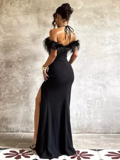 Robe longue à plumes pour femme - Robe moulante noire élégante à col halter et fente haute - Soirée d'été 2026