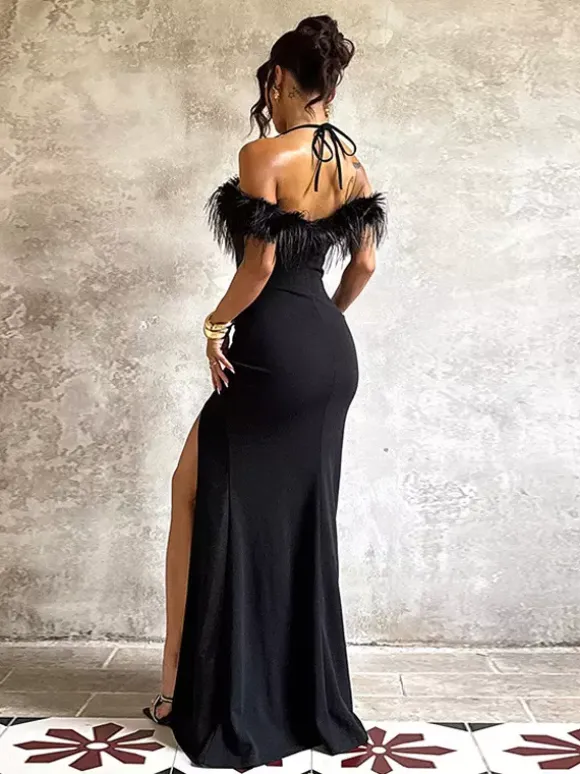 Robe longue à plumes pour femme - Robe moulante noire élégante à col halter et fente haute - Soirée d'été 2026