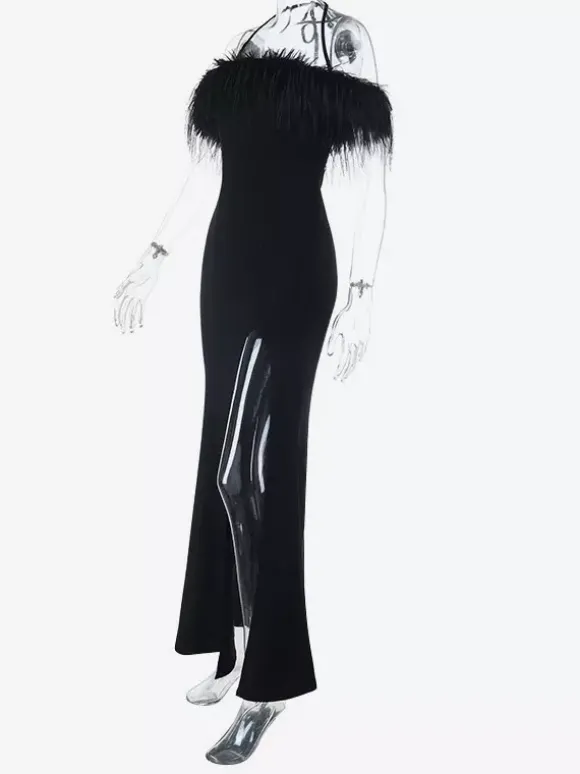 Robe longue à plumes pour femme - Robe moulante noire élégante à col halter et fente haute - Soirée d'été 2026