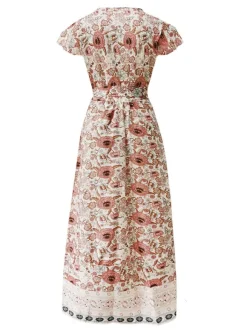 Robe longue portefeuille bohème à imprimé floral pour femme - Robe crème à manches courtes col en V et imprimé ethnique - Idéale pour les vacances d'été à la plage 2026