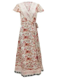 Robe longue portefeuille bohème à imprimé floral pour femme - Robe crème à manches courtes col en V et imprimé ethnique - Idéale pour les vacances d'été à la plage 2026