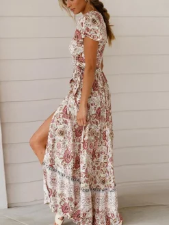 Robe longue portefeuille bohème à imprimé floral pour femme - Robe crème à manches courtes col en V et imprimé ethnique - Idéale pour les vacances d'été à la plage 2026