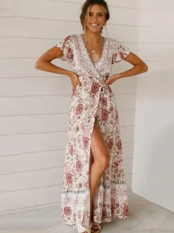 Robe longue portefeuille bohème à imprimé floral pour femme - Robe crème à manches courtes col en V et imprimé ethnique - Idéale pour les vacances d'été à la plage 2026