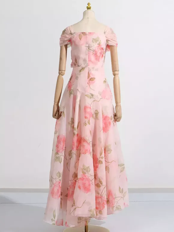 Robe longue rose à fleurs et épaules dénudées pour femme style élégant pour les soirées