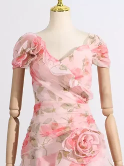 Robe longue rose à fleurs et épaules dénudées pour femme style élégant pour les soirées