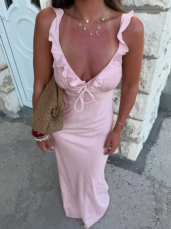 Robe longue rose pâle pour femme - Élégante robe à volants col en V et n艙ud sur le devant - Robe de plage d'été style coquette 2026