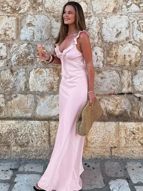 Robe longue rose pâle pour femme - Élégante robe à volants col en V et n艙ud sur le devant - Robe de plage d'été style coquette 2026