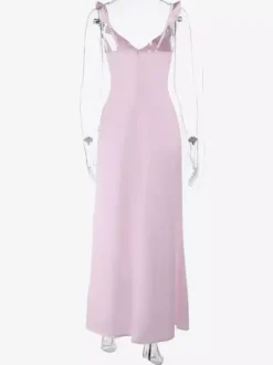 Robe longue rose pâle pour femme - Élégante robe à volants col en V et n艙ud sur le devant - Robe de plage d'été style coquette 2026