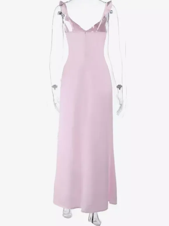 Robe longue rose pâle pour femme - Élégante robe à volants col en V et n艙ud sur le devant - Robe de plage d'été style coquette 2026
