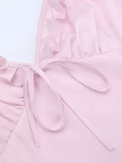 Robe longue rose pâle pour femme - Élégante robe à volants col en V et n艙ud sur le devant - Robe de plage d'été style coquette 2026