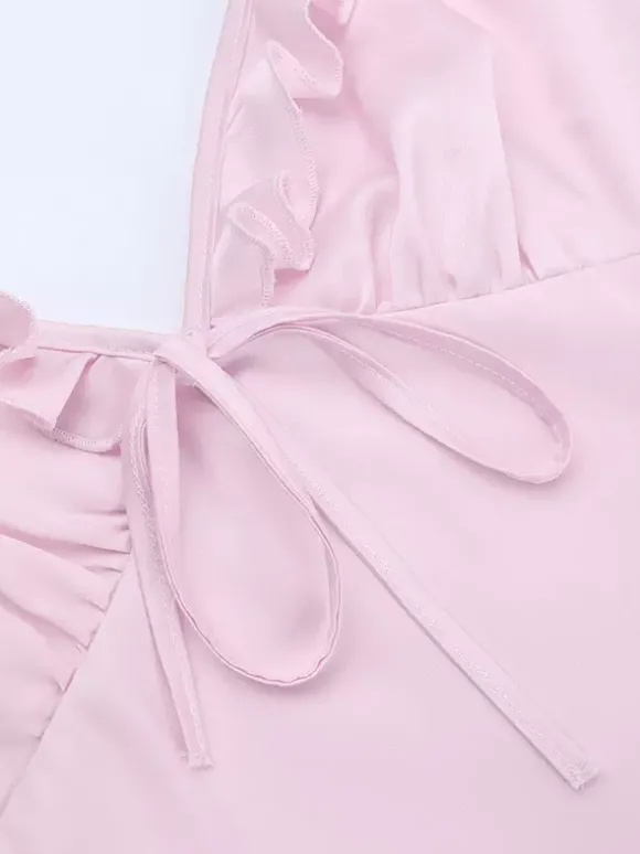 Robe longue rose pâle pour femme - Élégante robe à volants col en V et n艙ud sur le devant - Robe de plage d'été style coquette 2026