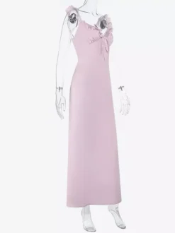 Robe longue rose pâle pour femme - Élégante robe à volants col en V et n艙ud sur le devant - Robe de plage d'été style coquette 2026