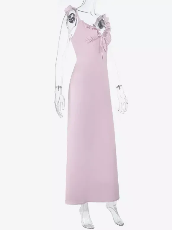 Robe longue rose pâle pour femme - Élégante robe à volants col en V et n艙ud sur le devant - Robe de plage d'été style coquette 2026