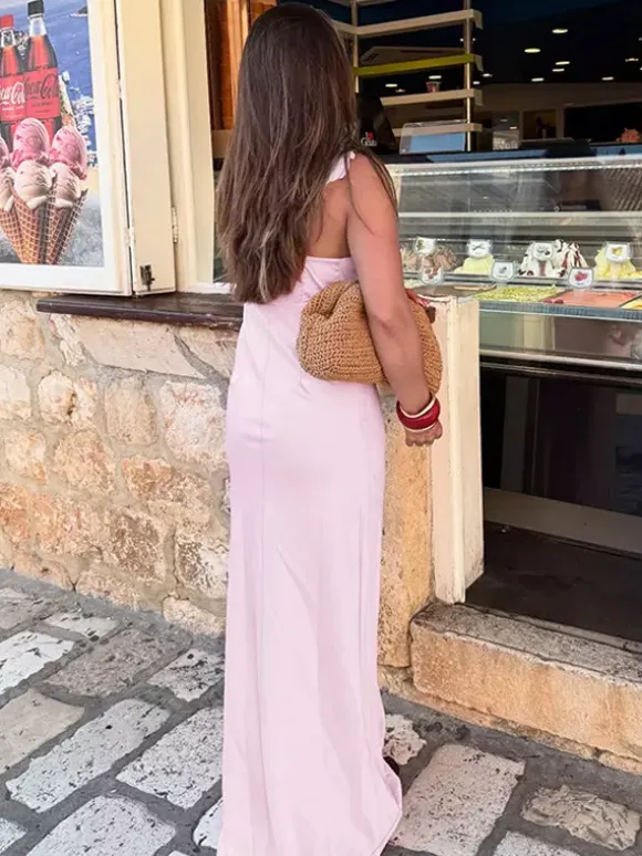 Robe longue rose pâle pour femme - Élégante robe à volants col en V et n艙ud sur le devant - Robe de plage d'été style coquette 2026