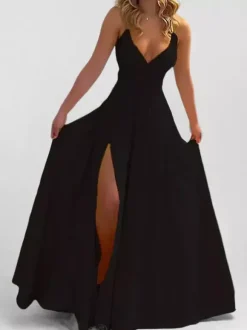 Robe longue rose poudré à col en V et bretelles fendue jusqu'à la cuisse pour femme