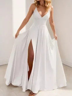 Robe longue rose poudré à col en V et bretelles fendue jusqu'à la cuisse pour femme