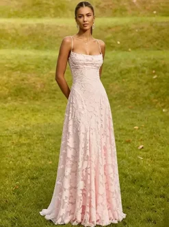 Robe longue rose poudré en dentelle florale bustier sans bretelles laçage croisé dos nu robe de demoiselle d'honneur ou d'invitée de mariage