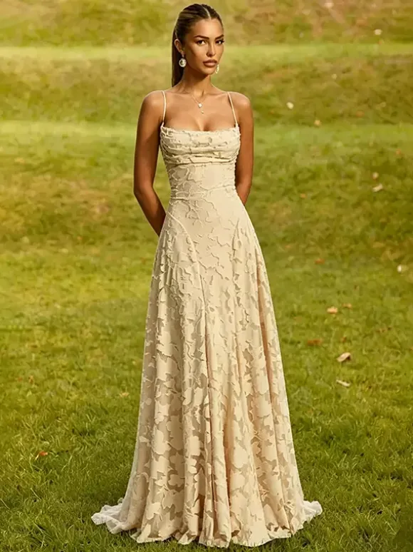 Robe longue rose poudré en dentelle florale bustier sans bretelles laçage croisé dos nu robe de demoiselle d'honneur ou d'invitée de mariage