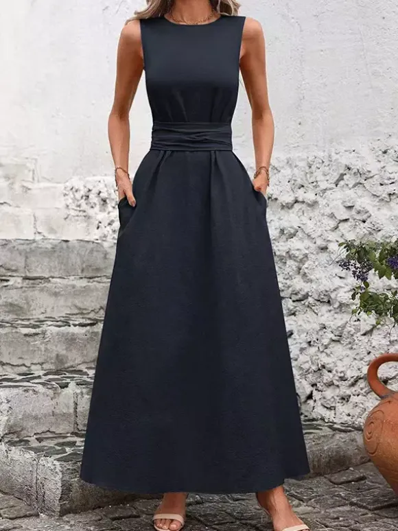 Robe longue sans manches à nouer à la taille pour femme - Robe d'été décontractée unie coupe trapèze avec poches - Vacances d'été à la plage 2026