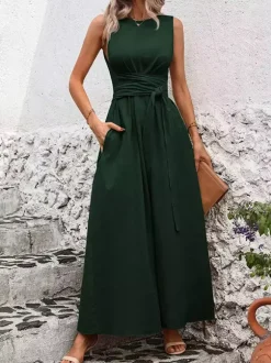 Robe longue sans manches à nouer à la taille pour femme - Robe d'été décontractée unie coupe trapèze avec poches - Vacances d'été à la plage 2026