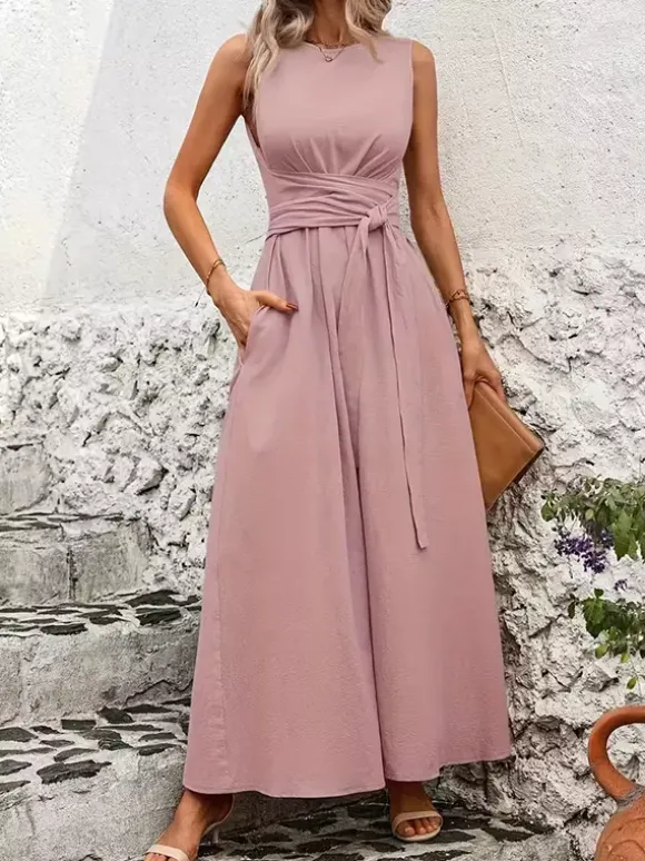 Robe longue sans manches à nouer à la taille pour femme - Robe d'été décontractée unie coupe trapèze avec poches - Vacances d'été à la plage 2026