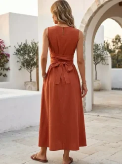 Robe longue sans manches à nouer à la taille pour femme - Robe d'été décontractée unie coupe trapèze avec poches - Vacances d'été à la plage 2026