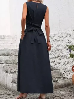 Robe longue sans manches à nouer à la taille pour femme - Robe d'été décontractée unie coupe trapèze avec poches - Vacances d'été à la plage 2026