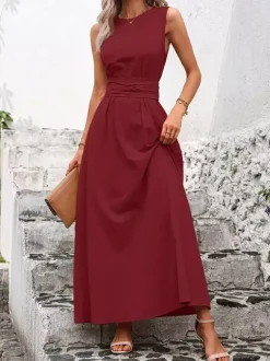 Robe longue sans manches à nouer à la taille pour femme - Robe d'été décontractée unie coupe trapèze avec poches - Vacances d'été à la plage 2026