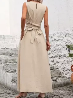 Robe longue sans manches à nouer à la taille pour femme - Robe d'été décontractée unie coupe trapèze avec poches - Vacances d'été à la plage 2026