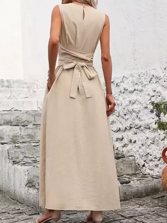 Robe longue sans manches à nouer à la taille pour femme - Robe d'été décontractée unie coupe trapèze avec poches - Vacances d'été à la plage 2026