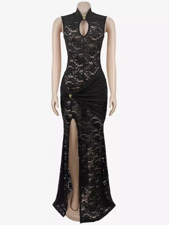 Robe longue sexy en dentelle découpée pour femme - Robe de soirée moulante à fente haute et fronces - Idéale pour les soirées d'été en club 2026