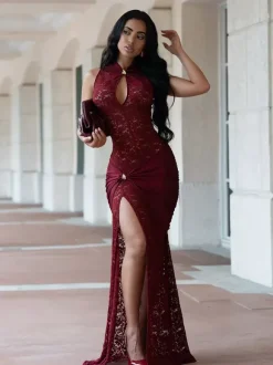 Robe longue sexy en dentelle découpée pour femme - Robe de soirée moulante à fente haute et fronces - Idéale pour les soirées d'été en club 2026