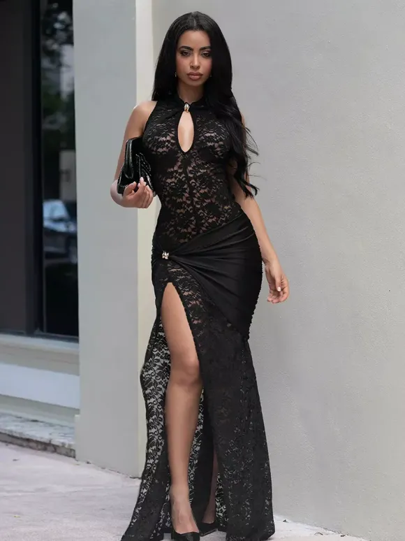 Robe longue sexy en dentelle découpée pour femme - Robe de soirée moulante à fente haute et fronces - Idéale pour les soirées d'été en club 2026