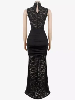 Robe longue sexy en dentelle découpée pour femme - Robe de soirée moulante à fente haute et fronces - Idéale pour les soirées d'été en club 2026