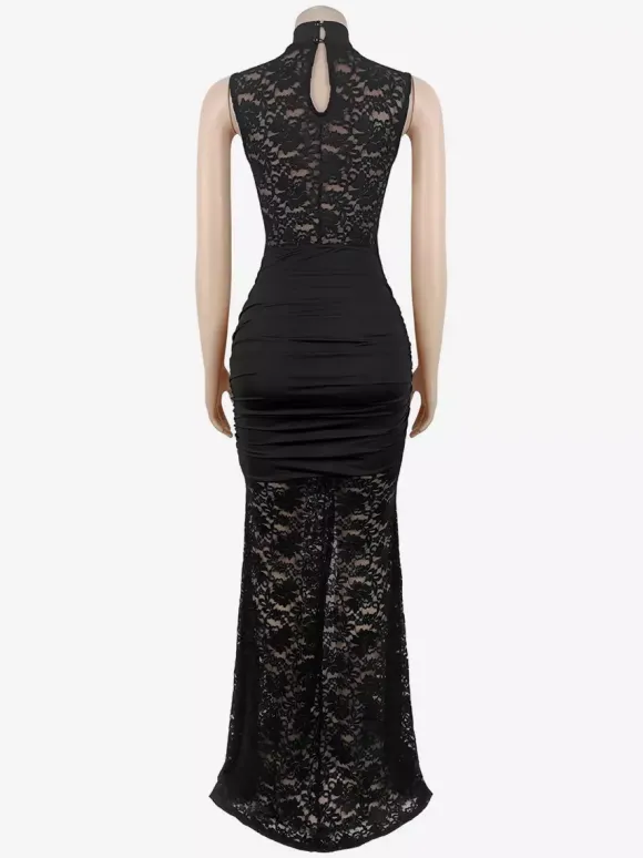 Robe longue sexy en dentelle découpée pour femme - Robe de soirée moulante à fente haute et fronces - Idéale pour les soirées d'été en club 2026