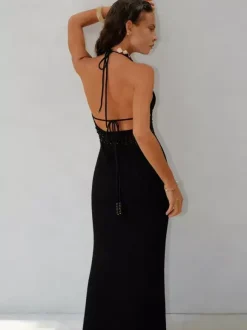 Robe longue sirène dos nu en maille à bretelles pour femme robe moulante à nouer robe de soirée élégante