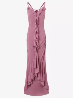 Robe longue sirène froncée dos nu à volants et rosettes pour femme 2026