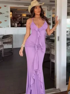 Robe longue sirène froncée dos nu à volants et rosettes pour femme 2026
