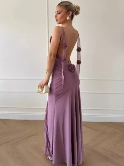 Robe longue sirène froncée dos nu à volants et rosettes pour femme 2026