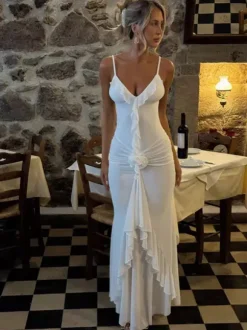 Robe longue sirène froncée dos nu à volants et rosettes pour femme 2026