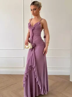 Robe longue sirène froncée dos nu à volants et rosettes pour femme 2026
