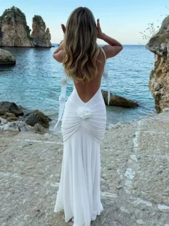 Robe longue sirène froncée dos nu à volants et rosettes pour femme 2026