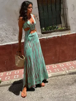 Robe longue tie-dye pour femme - Robe d'été bohème fluide sans manches décolleté en V et fente haute - Idéale pour les vacances d'été à la plage 2026